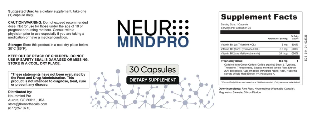 Flat label artwork for Neuromind showing the Supplement Facts panel, directions and cautions